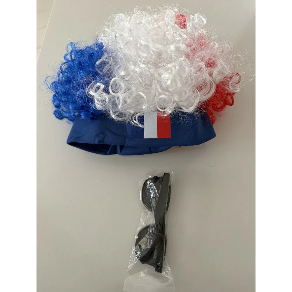 Soccer Match France Flag Color Explosion Hair Wig Fan Hairpiece with glasses